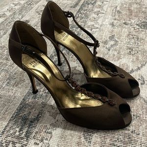 Stuart Weitzman Brown T Strap Satin Peep Toe Heels with Jewel Embellished Strap